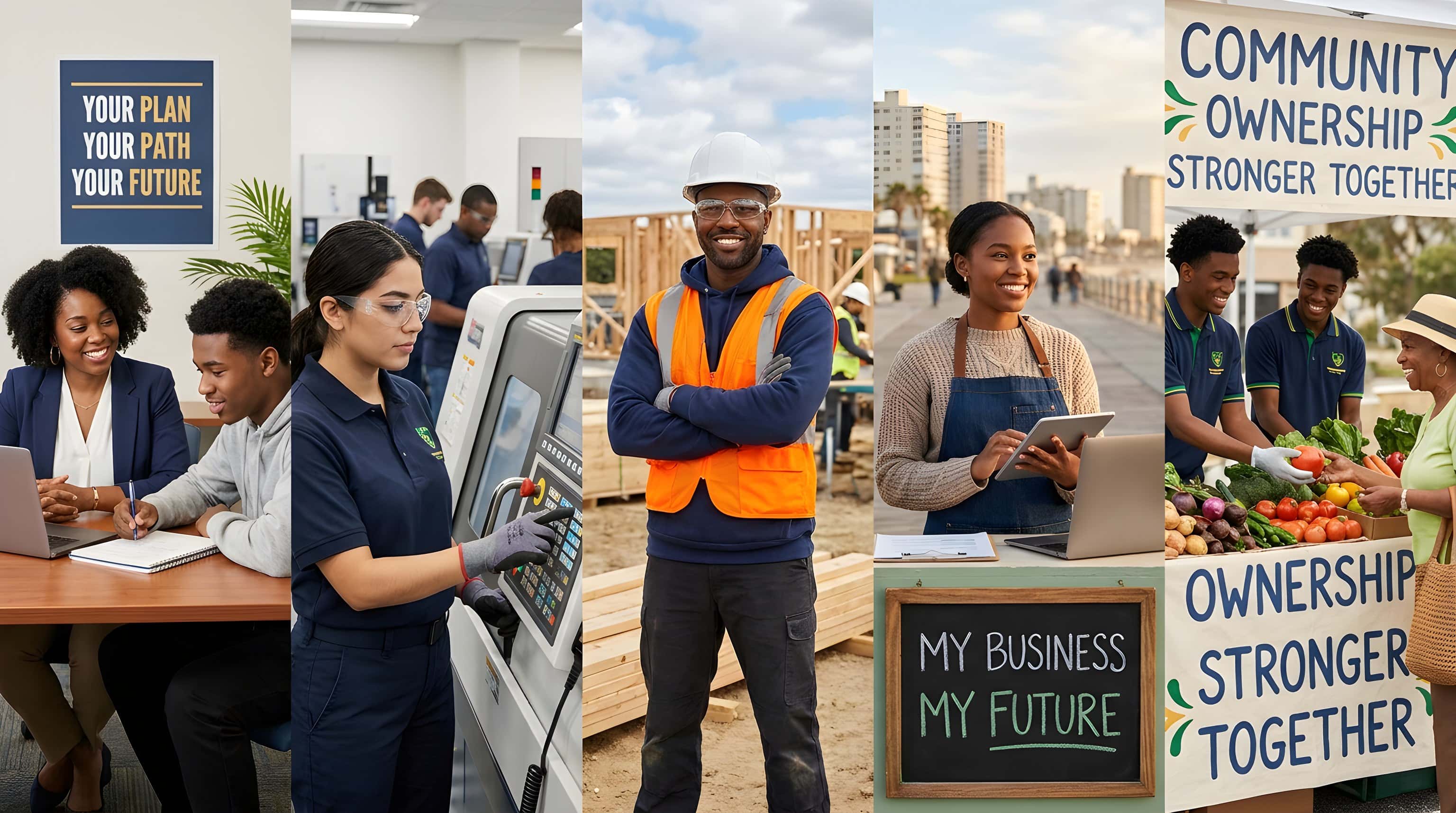 The IWOWS pathway across five scenes, career planning, skills training, skilled trades, a small-business owner, and a community cooperative market, from public assistance to the middle class