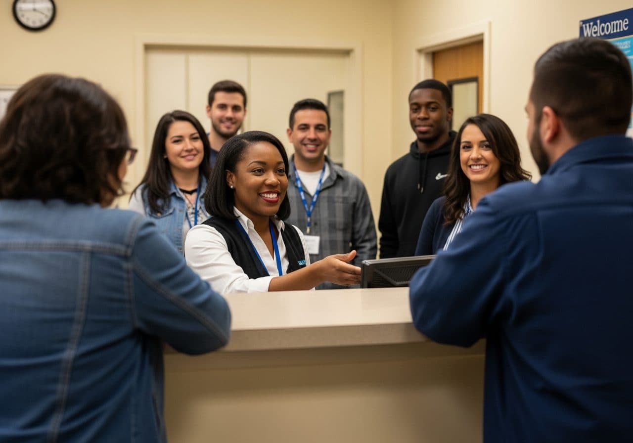 A staff member welcoming a visitor at the front desk