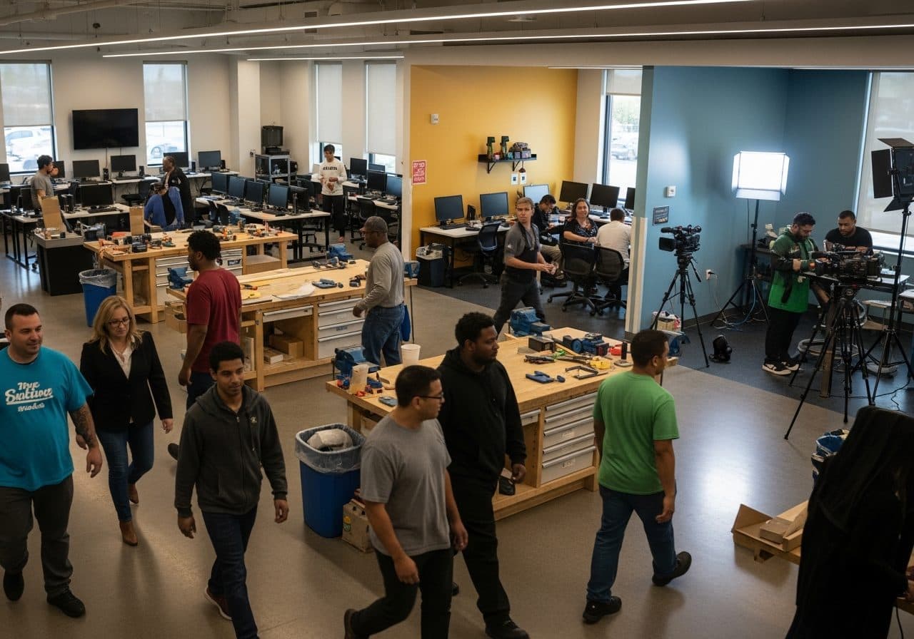 A busy career-training center with several activity areas