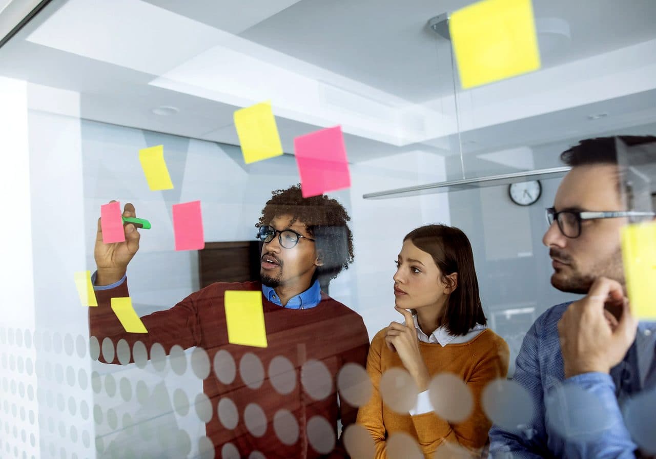 Participants mapping out a new business venture on an idea wall