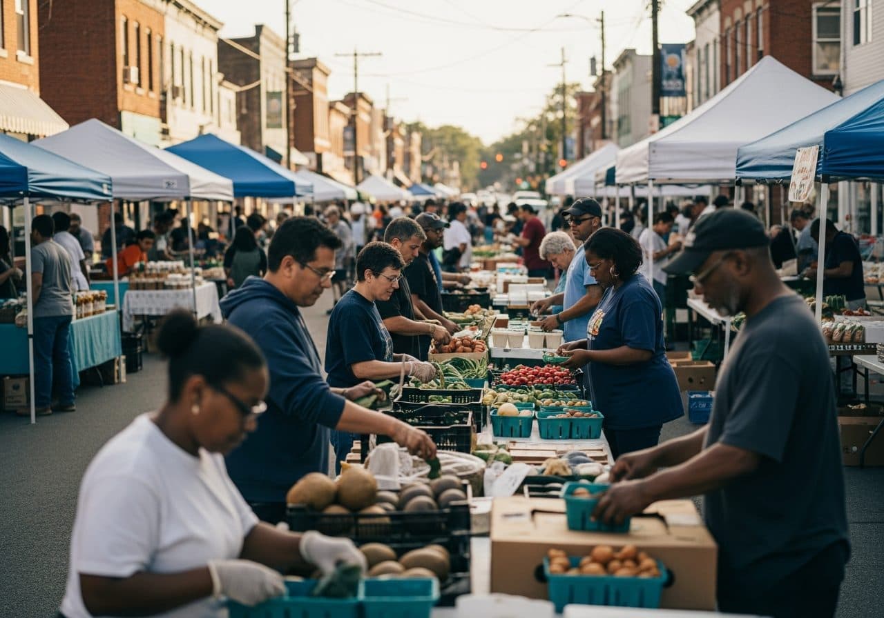Residents and vendors running a community-owned cooperative market